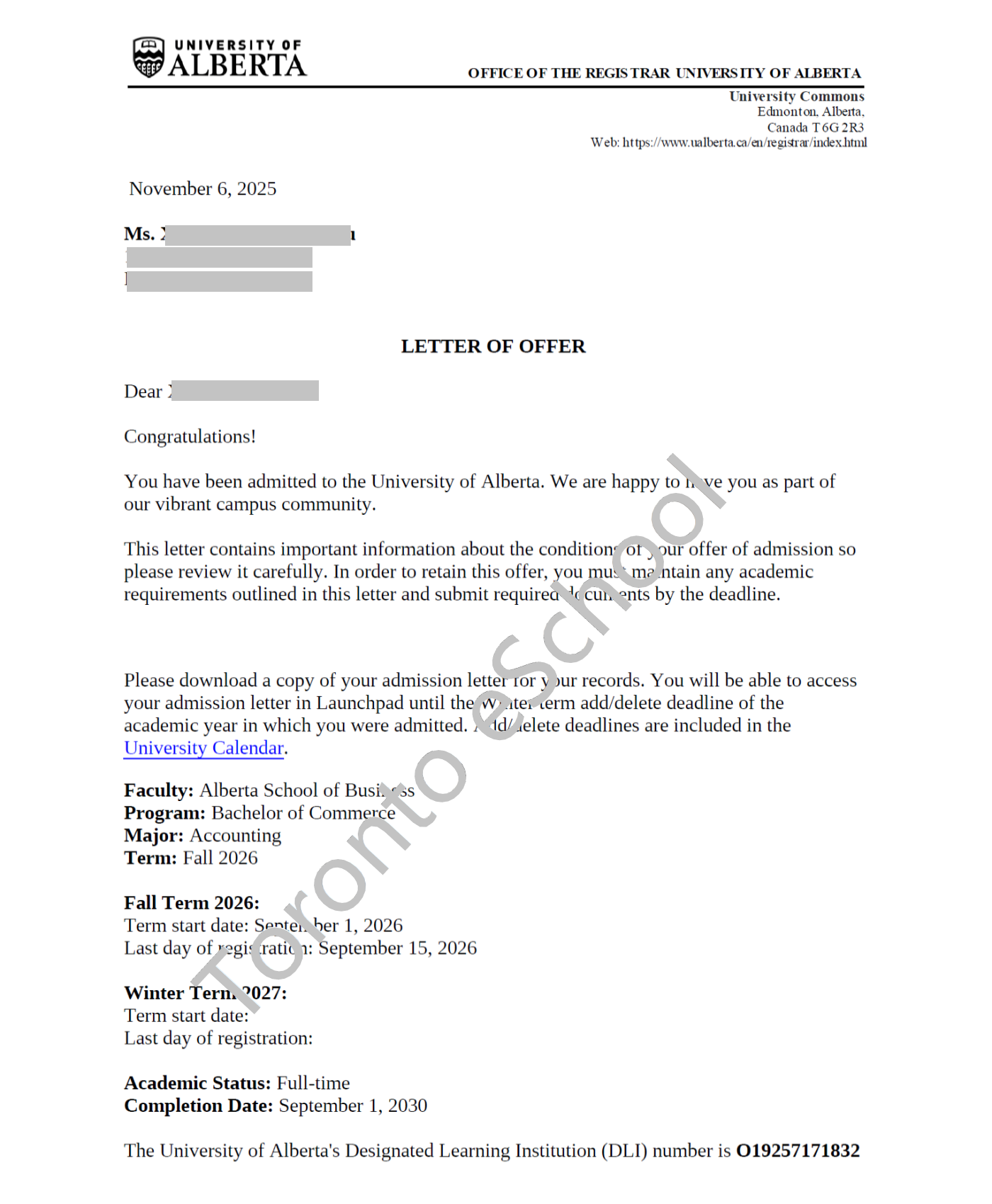 University of Alberta Admission Letter 2026