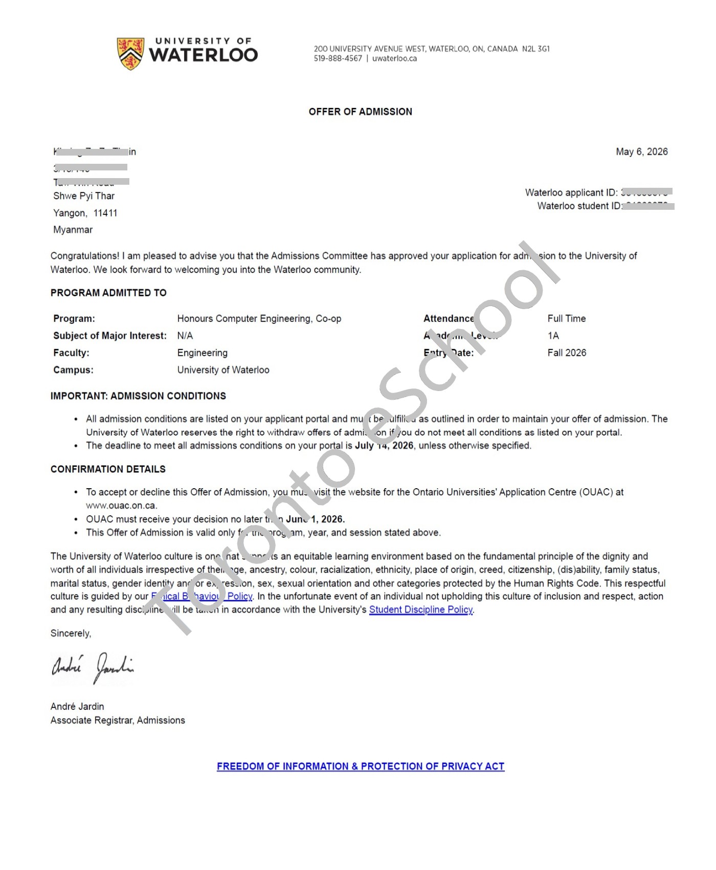 University of Waterloo Computer Engineering Offer-TES